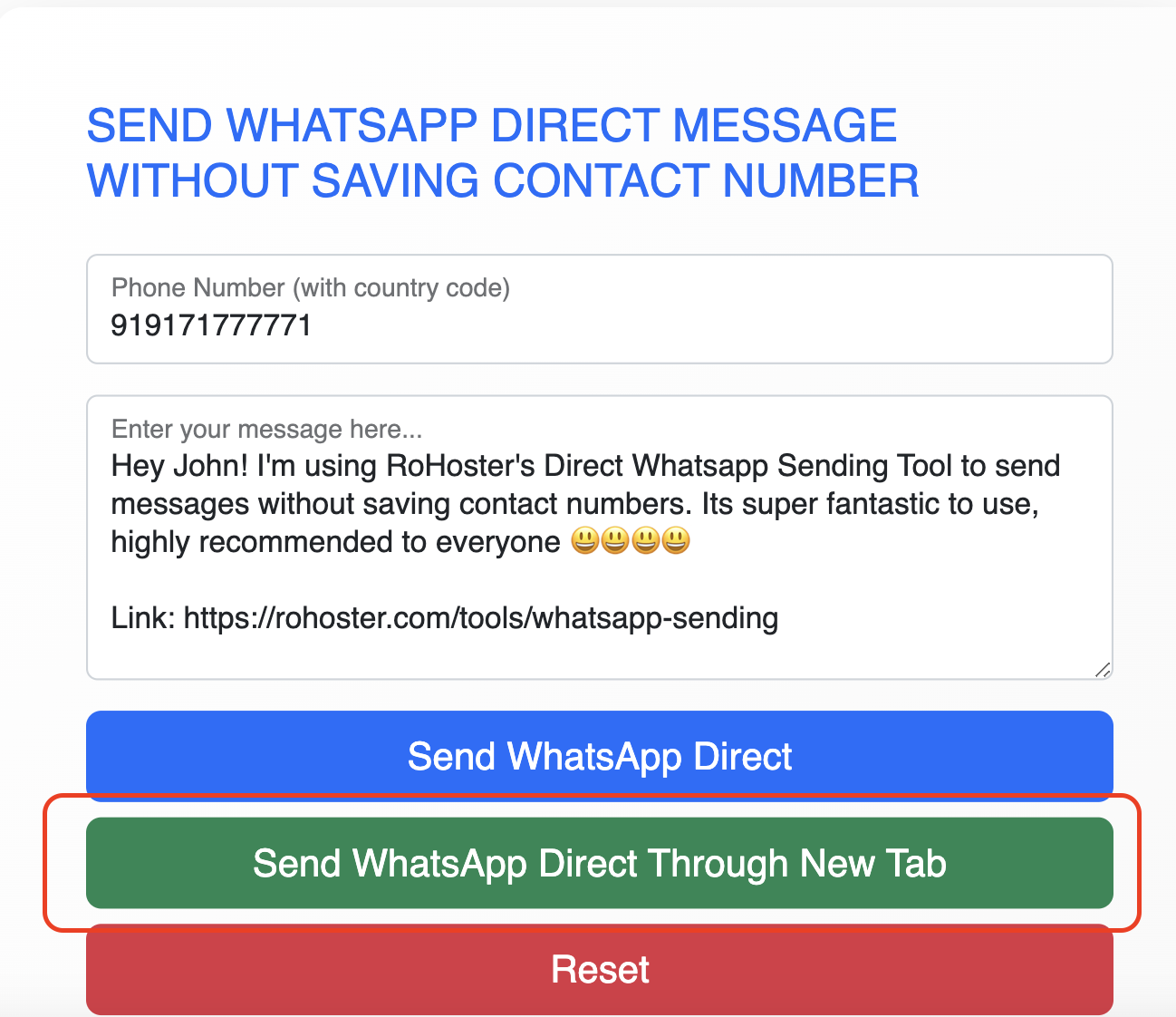 How to Use the WhatsApp Direct Message Sending Tool of RoHoster