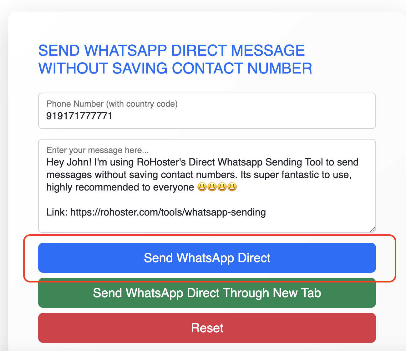 How to Use the WhatsApp Direct Message Sending Tool of RoHoster