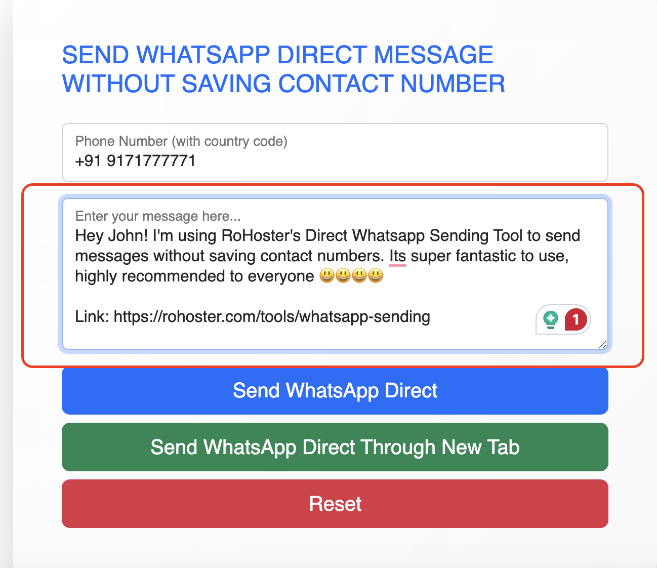 How to Use the WhatsApp Direct Message Sending Tool of RoHoster